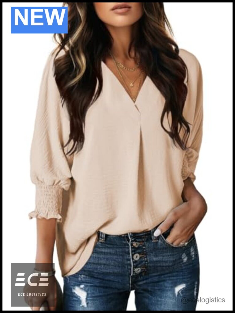 Womens Collared V-Neck Blouse 3/4 Sleeve Loose Fit Button Down Textured Top